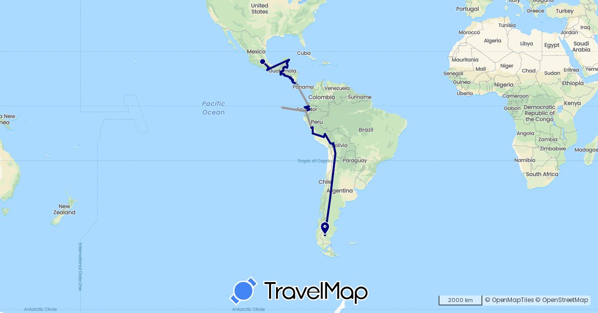 TravelMap itinerary: driving, plane in Argentina, Bolivia, Belize, Costa Rica, Ecuador, Guatemala, Mexico, Nicaragua, Peru, El Salvador (North America, South America)